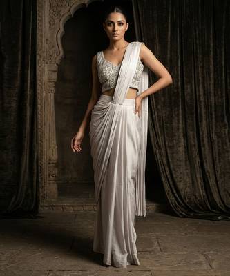 Grey embroidered satin saree set 3