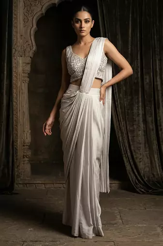 Grey embroidered satin saree set