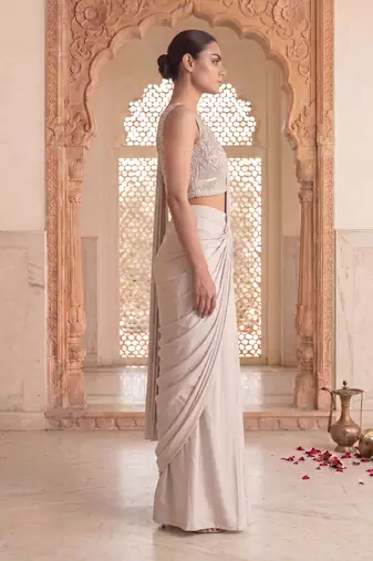 Grey embroidered satin saree set
