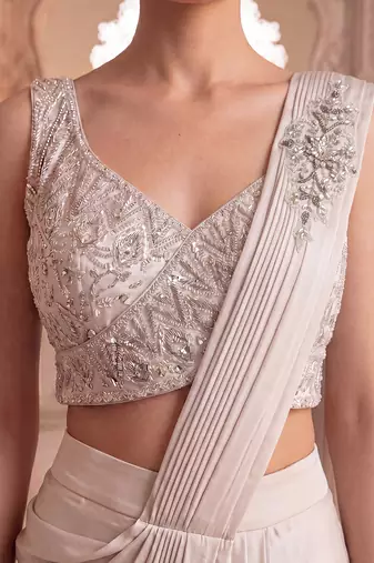Grey embroidered satin saree set