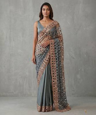 Grey embroidered georgette saree with unstitched blouse 1
