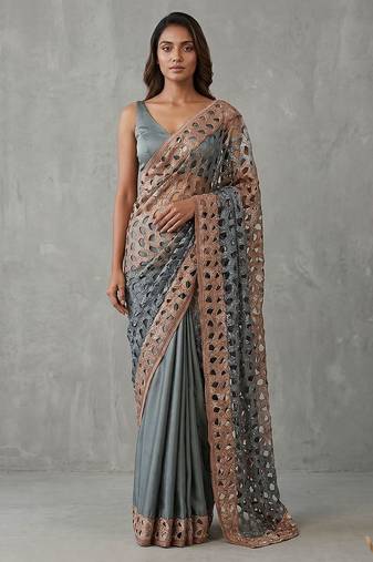 Grey embroidered georgette saree with unstitched blouse