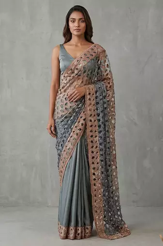 Grey embroidered georgette saree with unstitched blouse