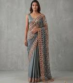 Grey embroidered georgette saree with unstitched blouse