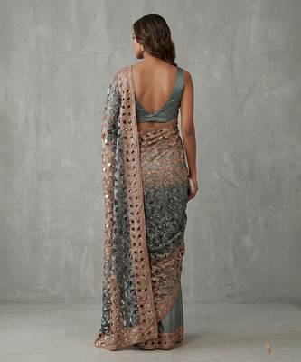 Grey embroidered georgette saree with unstitched blouse 2