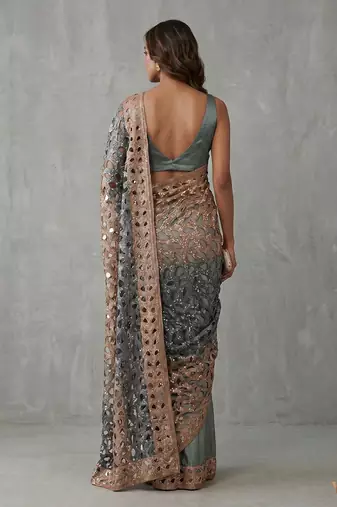 Grey embroidered georgette saree with unstitched blouse