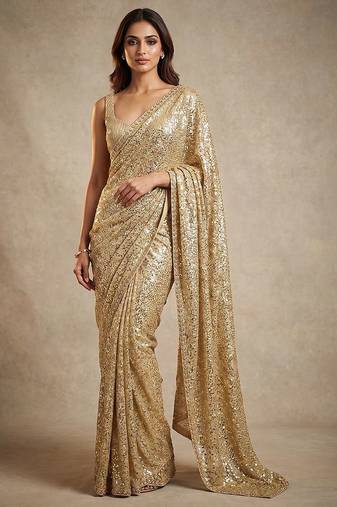 Gold embroidered georgette saree with unstitched blouse