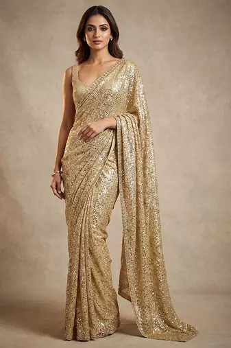 Gold embroidered georgette saree with unstitched blouse