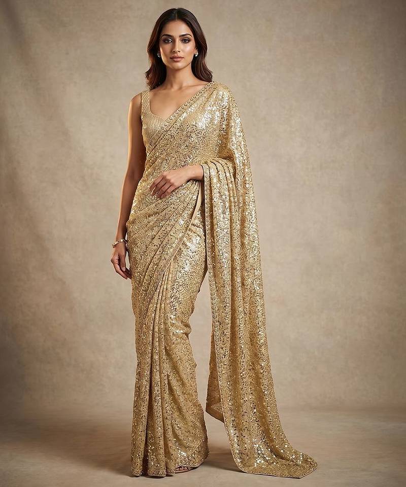 Gold embroidered georgette saree with unstitched blouse