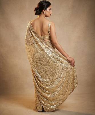 Gold embroidered georgette saree with unstitched blouse 2