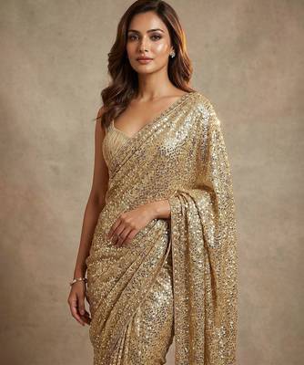 Gold embroidered georgette saree with unstitched blouse 3