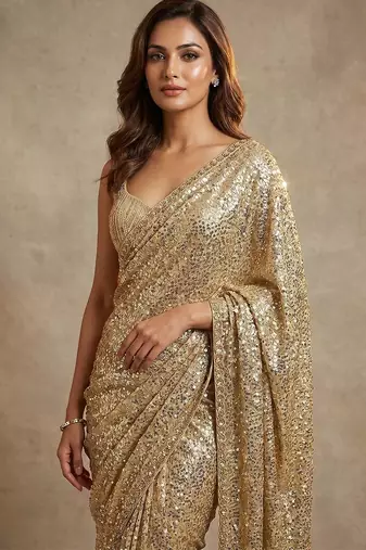 Gold embroidered georgette saree with unstitched blouse