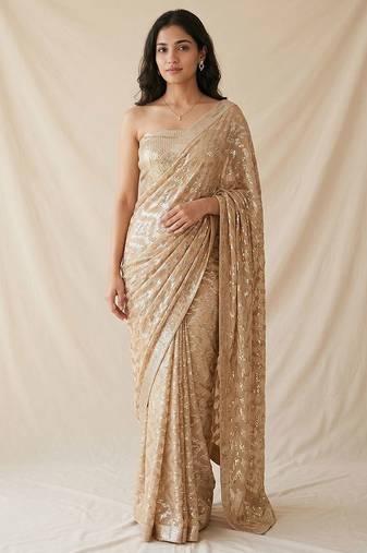 Gold embroidered georgette net blend saree with unstitched blouse