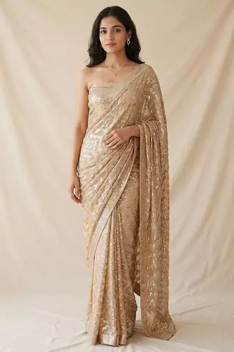 Gold embroidered georgette net blend saree with unstitched blouse