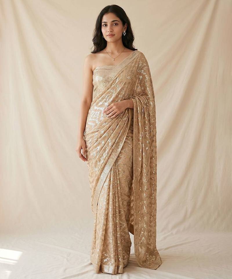 Gold embroidered georgette net blend saree with unstitched blouse