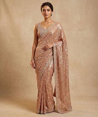 Peach embroidered georgette saree with unstitched blouse 1