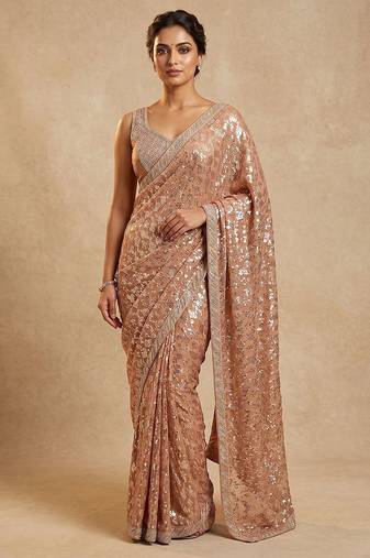 Peach embroidered georgette saree with unstitched blouse