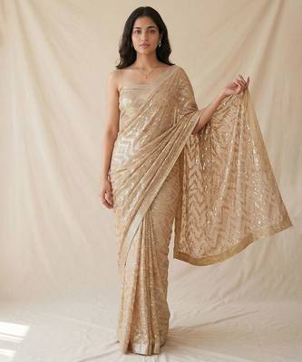 Gold embroidered georgette net blend saree with unstitched blouse 2