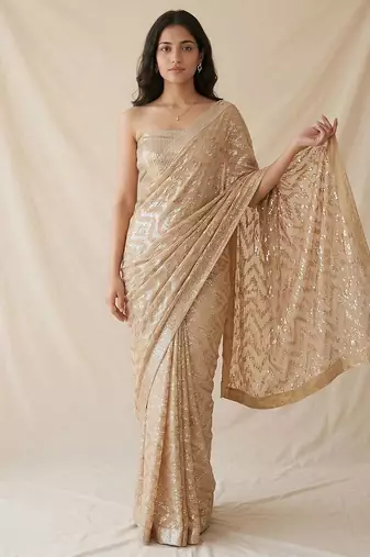 Gold embroidered georgette net blend saree with unstitched blouse