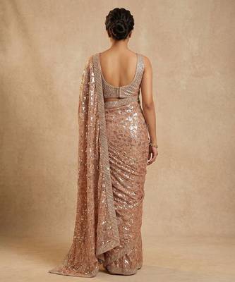 Peach embroidered georgette saree with unstitched blouse 2