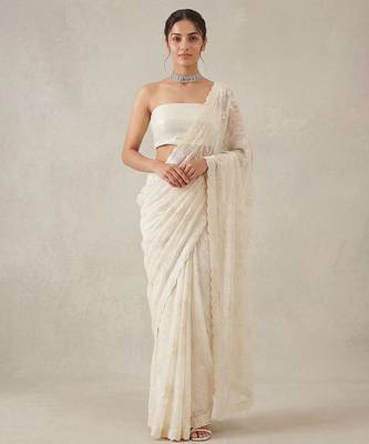 White embroidered georgette saree with unstitched blouse 1