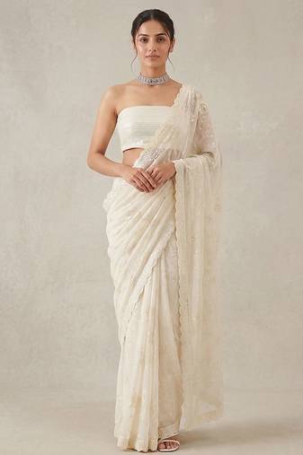 White embroidered georgette saree with unstitched blouse