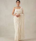 White embroidered georgette saree with unstitched blouse