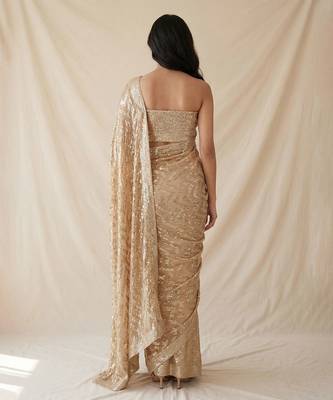 Gold embroidered georgette net blend saree with unstitched blouse 3