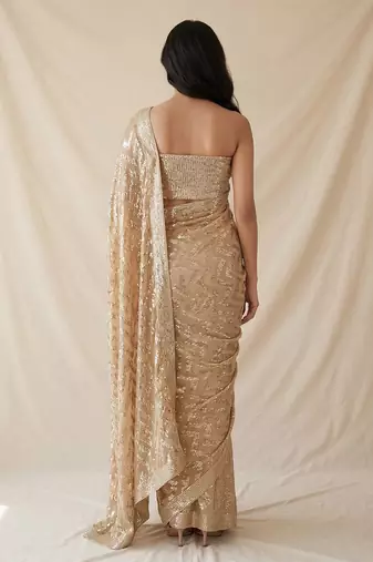 Gold embroidered georgette net blend saree with unstitched blouse