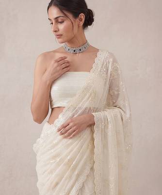 White embroidered georgette saree with unstitched blouse 2