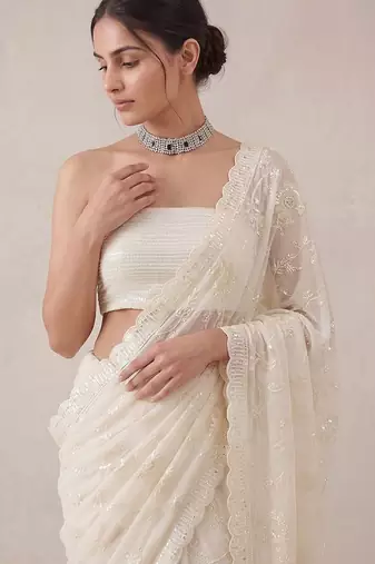 White embroidered georgette saree with unstitched blouse