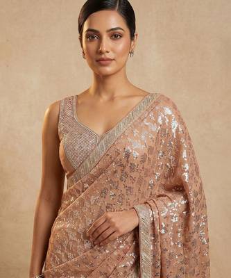Peach embroidered georgette saree with unstitched blouse 3