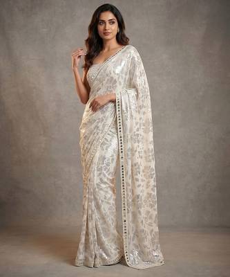 Ivory embroidered georgette saree with unstitched blouse 1