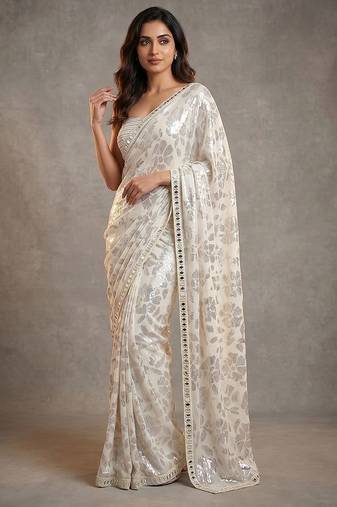 Ivory embroidered georgette saree with unstitched blouse