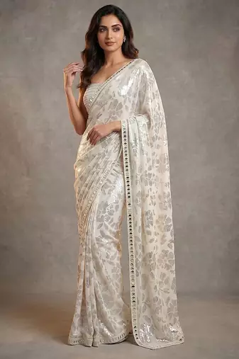 Ivory embroidered georgette saree with unstitched blouse