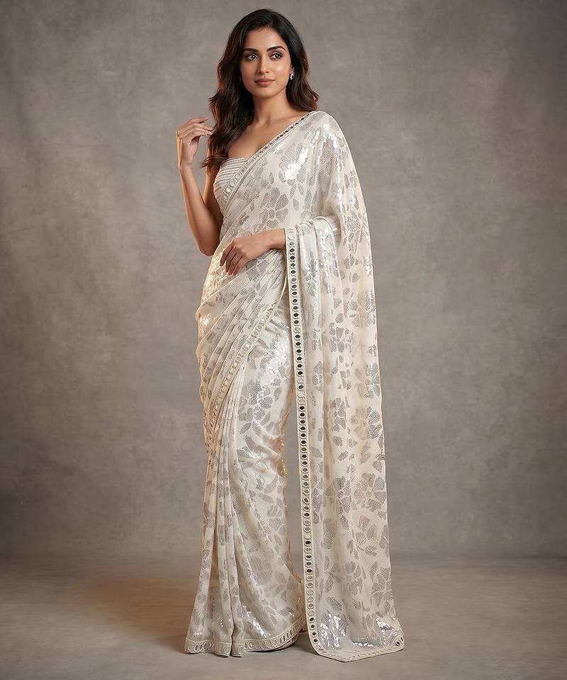 Ivory embroidered georgette saree with unstitched blouse