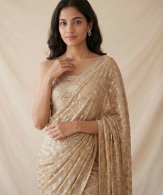Gold embroidered georgette net blend saree with unstitched blouse 4