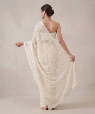 White embroidered georgette saree with unstitched blouse 3