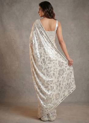 Ivory embroidered georgette saree with unstitched blouse 2