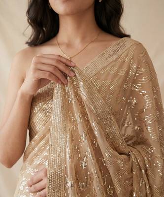 Gold embroidered georgette net blend saree with unstitched blouse 5