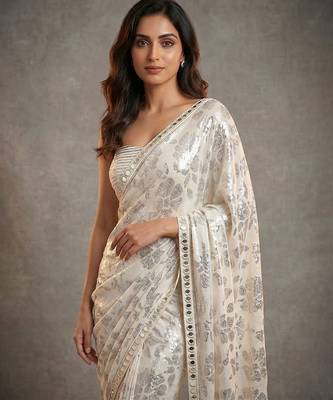 Ivory embroidered georgette saree with unstitched blouse 3