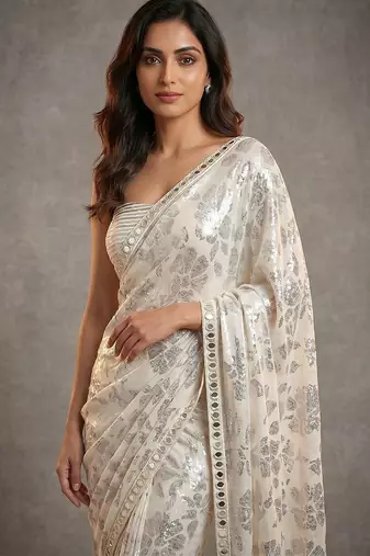 Ivory embroidered georgette saree with unstitched blouse