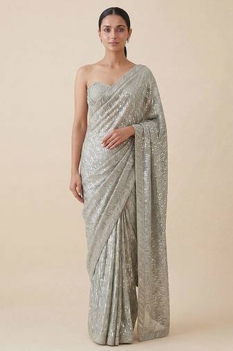 Grey embroidered georgette saree with unstitched blouse