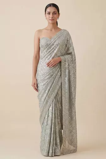 Grey embroidered georgette saree with unstitched blouse