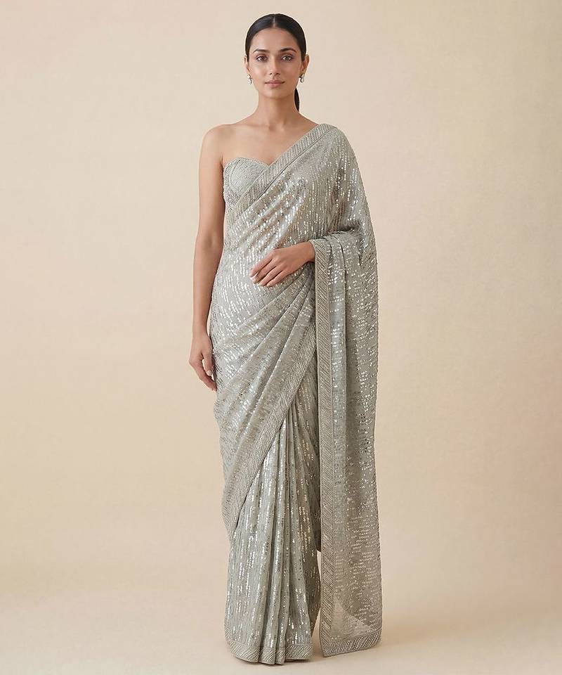 Grey embroidered georgette saree with unstitched blouse