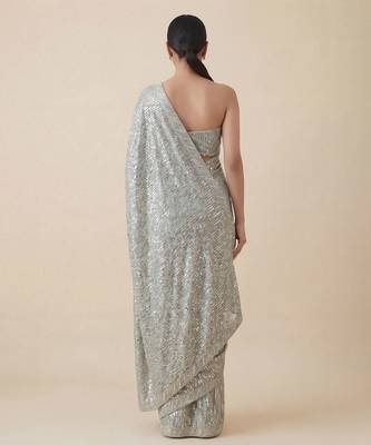 Grey embroidered georgette saree with unstitched blouse 2