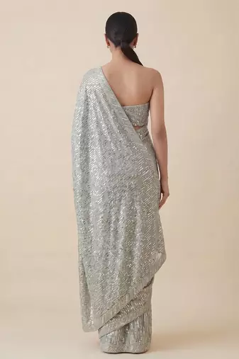 Grey embroidered georgette saree with unstitched blouse