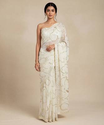 Ivory embroidered georgette saree with unstitched blouse 1