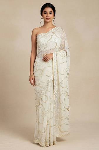 Ivory embroidered georgette saree with unstitched blouse