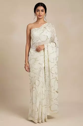 Ivory embroidered georgette saree with unstitched blouse